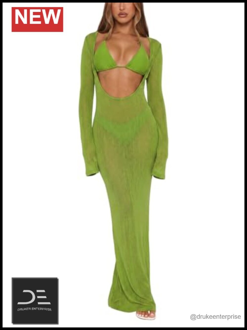 3 Piece Bikini Set with Sheer Mesh Maxi Cover Up Dress